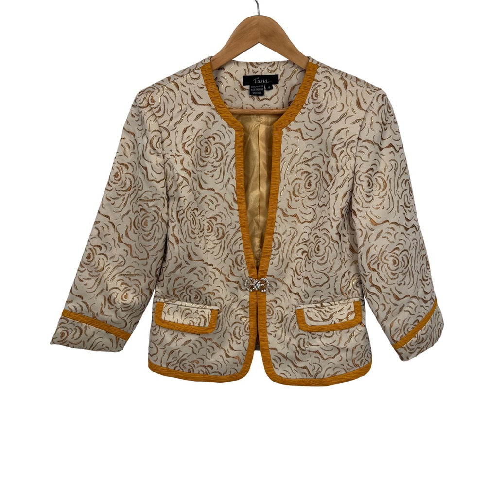 Tasia Patterned Brocade Formal Jacket‎ Rhinestone Clasp Womens 8 Gold White